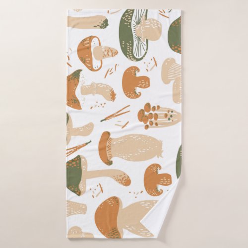 Edible Mushrooms Linocut Vintage Pattern Bath Towel