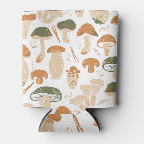 Edible Mushrooms Linocut Vintage Pattern Can Cooler