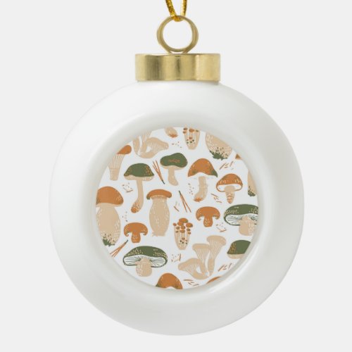 Edible Mushrooms Linocut Vintage Pattern Ceramic Ball Christmas Ornament