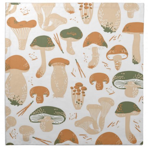 Edible Mushrooms Linocut Vintage Pattern Cloth Napkin
