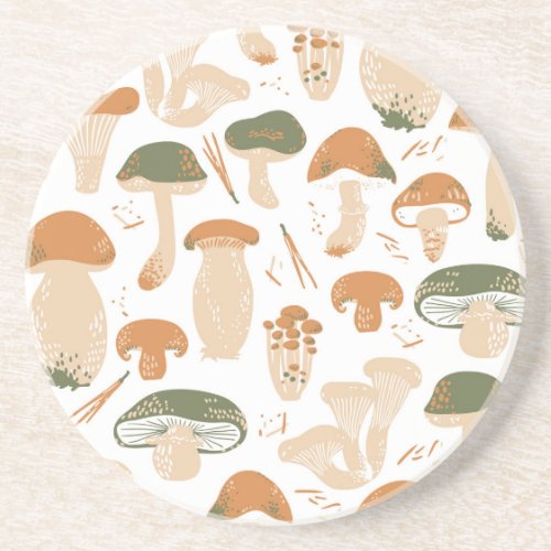 Edible Mushrooms Linocut Vintage Pattern Coaster