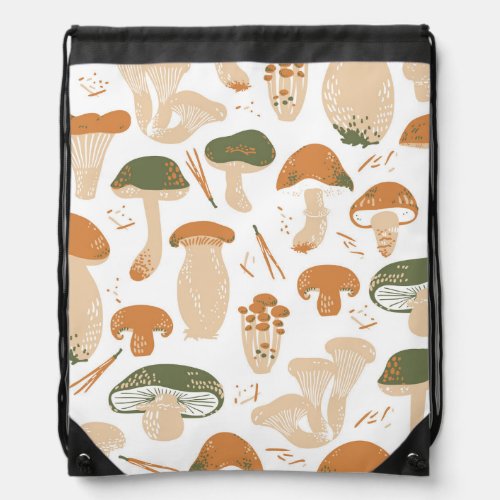 Edible Mushrooms Linocut Vintage Pattern Drawstring Bag