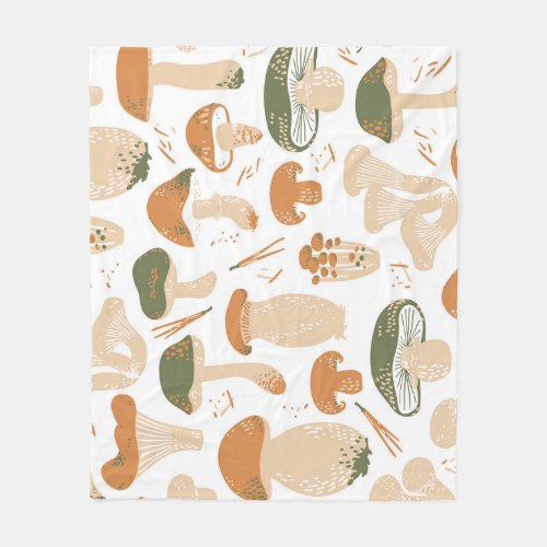 Edible Mushrooms Linocut Vintage Pattern Fleece Blanket