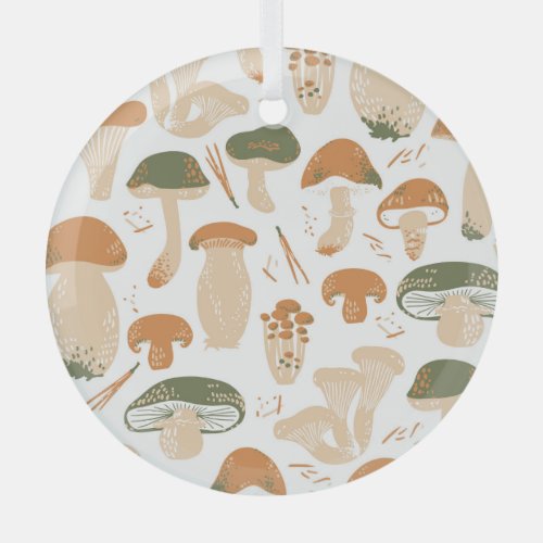 Edible Mushrooms Linocut Vintage Pattern Glass Ornament