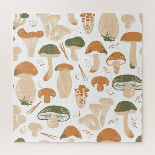 Edible Mushrooms Linocut Vintage Pattern Jigsaw Puzzle