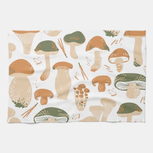 Edible Mushrooms Linocut Vintage Pattern Kitchen Towel