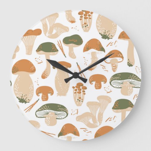 Edible Mushrooms Linocut Vintage Pattern Large Clock
