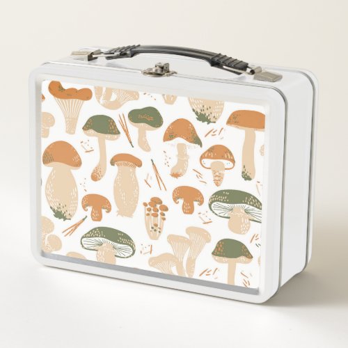 Edible Mushrooms Linocut Vintage Pattern Metal Lunch Box