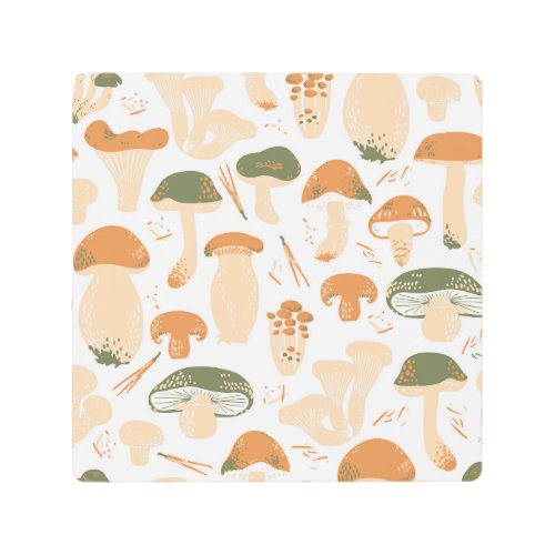 Edible Mushrooms Linocut Vintage Pattern Metal Print