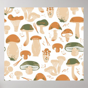Edible Mushrooms Linocut Vintage Pattern Poster