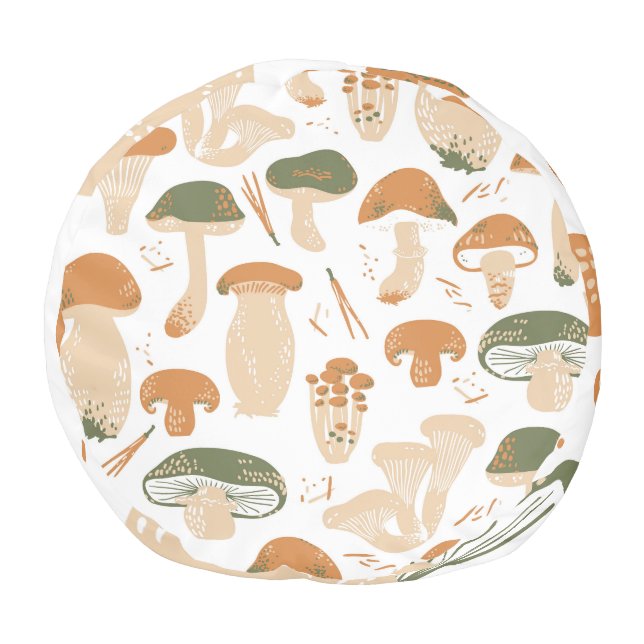 Edible Mushrooms Linocut Vintage Pattern Pouf (Bottom)