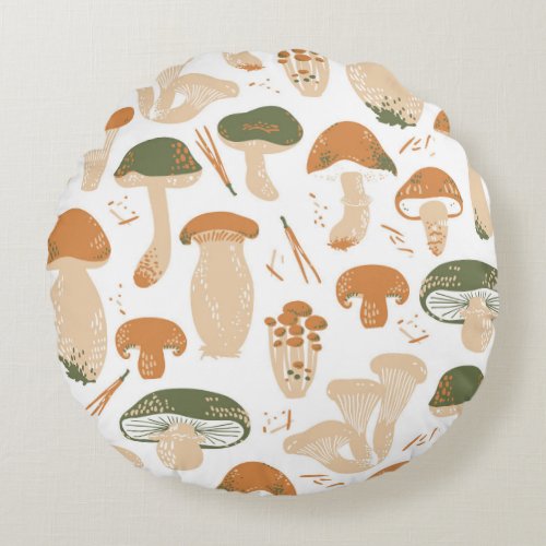 Edible Mushrooms Linocut Vintage Pattern Round Pillow