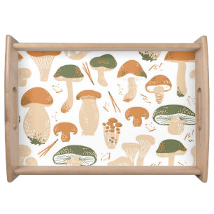 Edible Mushrooms Linocut Vintage Pattern Serving Tray
