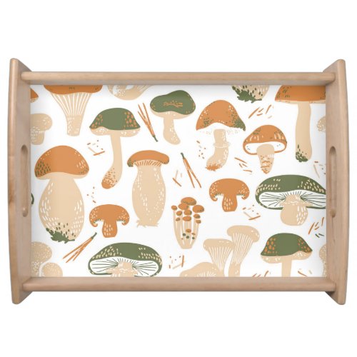Edible Mushrooms Linocut Vintage Pattern Serving Tray