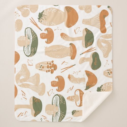 Edible Mushrooms Linocut Vintage Pattern Sherpa Blanket