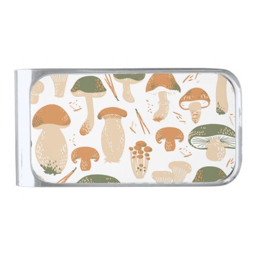 Edible Mushrooms Linocut Vintage Pattern Silver Finish Money Clip
