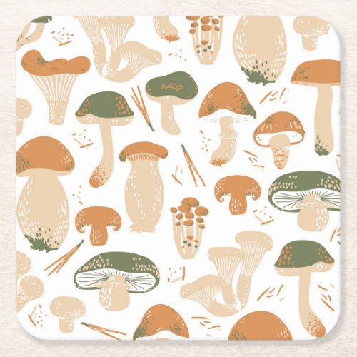 Edible Mushrooms Linocut Vintage Pattern Square Paper Coaster