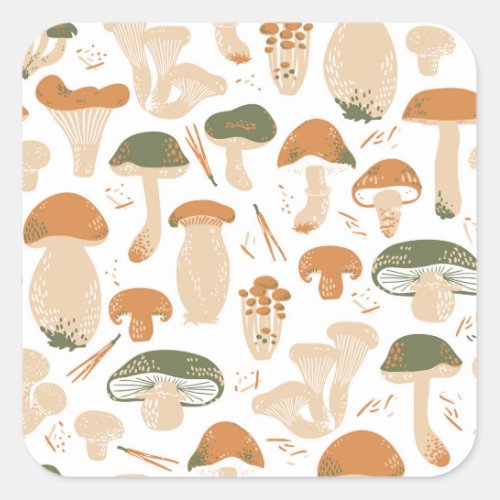 Edible Mushrooms Linocut Vintage Pattern Square Sticker