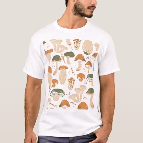 Edible Mushrooms Linocut Vintage Pattern T_Shirt