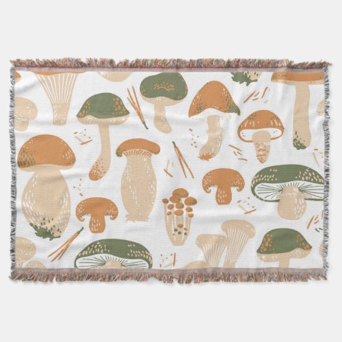 Edible Mushrooms Linocut Vintage Pattern Throw Blanket