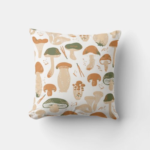 Edible Mushrooms Linocut Vintage Pattern Throw Pillow