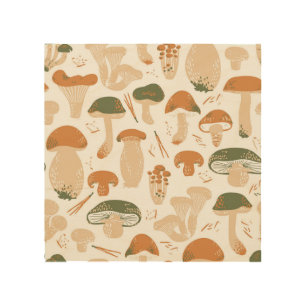 Edible Mushrooms Linocut Vintage Pattern Wood Wall Art