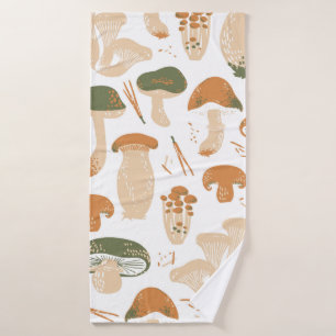 Edible Mushrooms seamless pattern. Linocut old sty Bath Towel