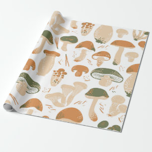 Edible Mushrooms seamless pattern. Linocut old sty Wrapping Paper