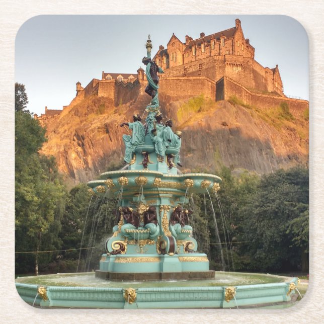 Edinburgh Castle Fountain Princes Street Gardens Square Paper Coaster (Front)