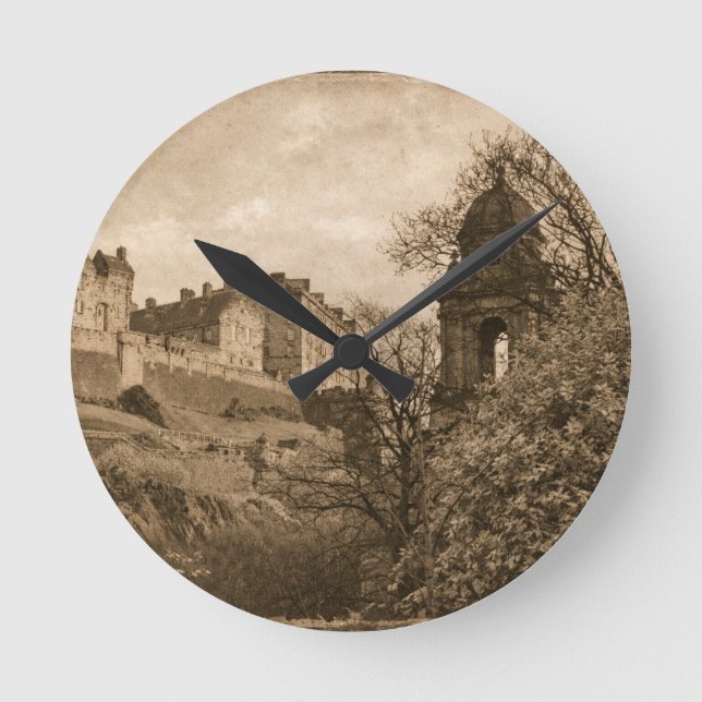 Edinburgh Castle Sepia Photograph Round Clock (Front)