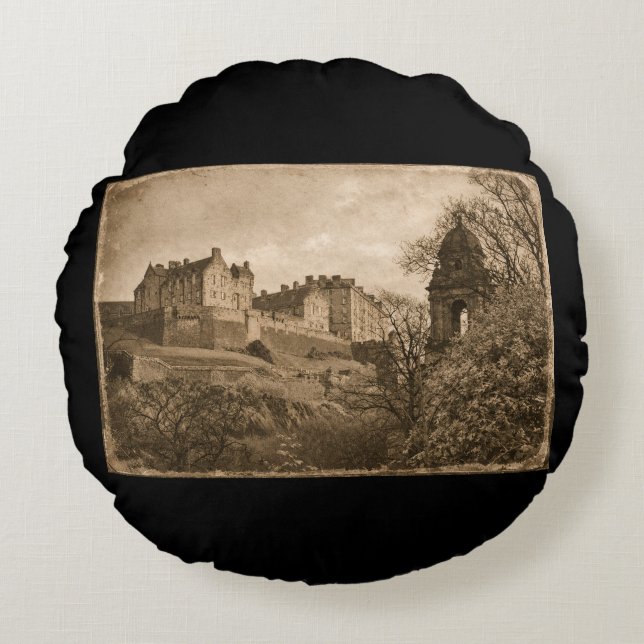 Edinburgh Castle Sepia Photograph Round Pillow (Front)
