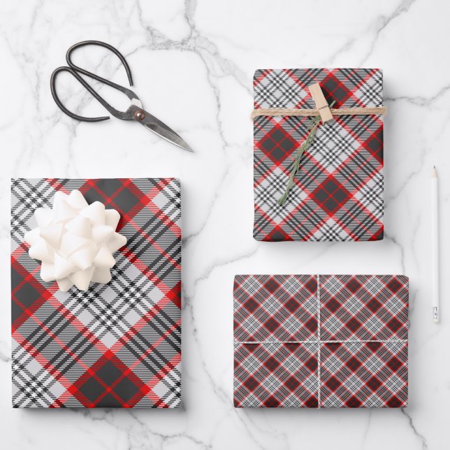 Edinburgh City Tartan Plaid Grey Black Red Wrapping Paper Sheets (Front)