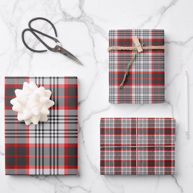 Edinburgh City Tartan Plaid Grey Black Red Wrapping Paper Sheets (Front)