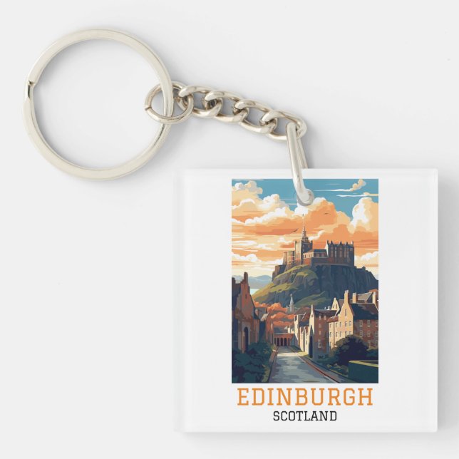 Edinburgh Scotland Castle Retro Vintage Travel Keychain (Front)