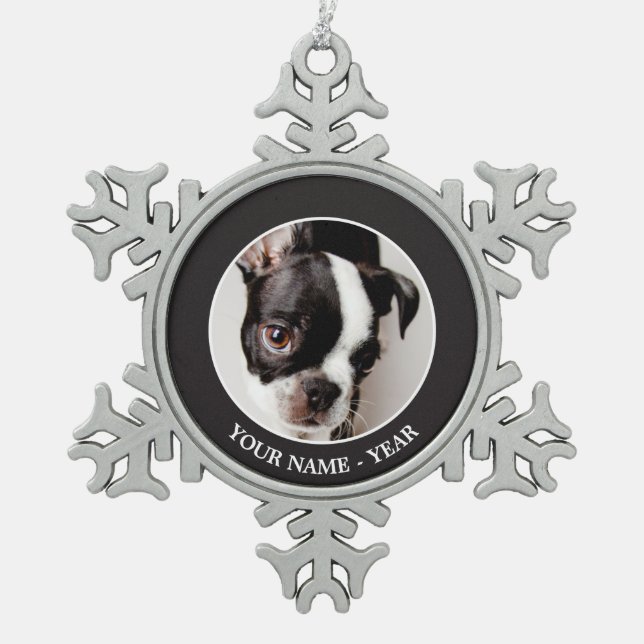 Edison Boston Terrier puppy. Snowflake Pewter Christmas Ornament (Front)
