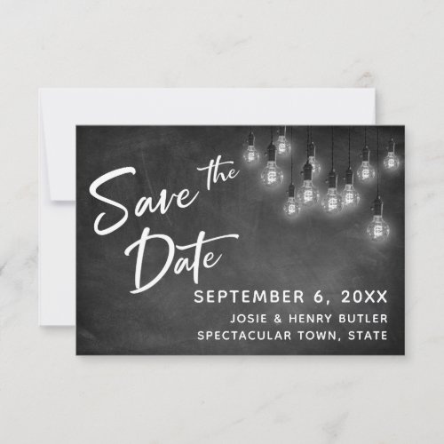Edison Lights and Chalkboard Modern Save the Date RSVP Card