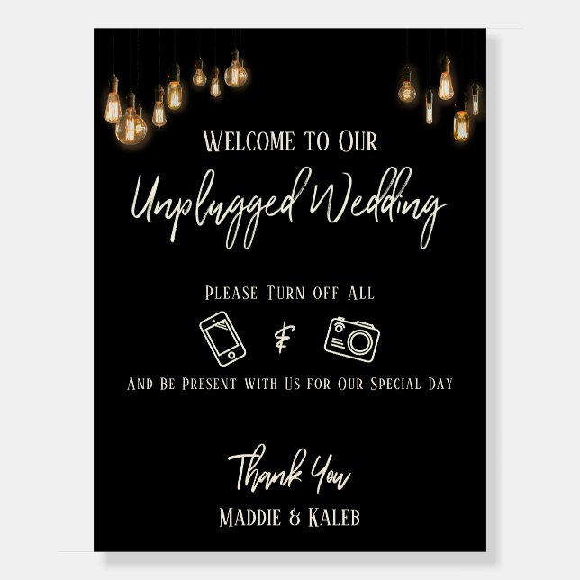 Edison Lights Casual Font Black Unplugged Wedding Foam Board (Front)