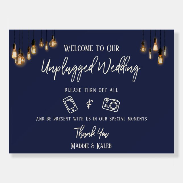 Edison Lights Casual Font Navy Unplugged Wedding Foam Board (Front)