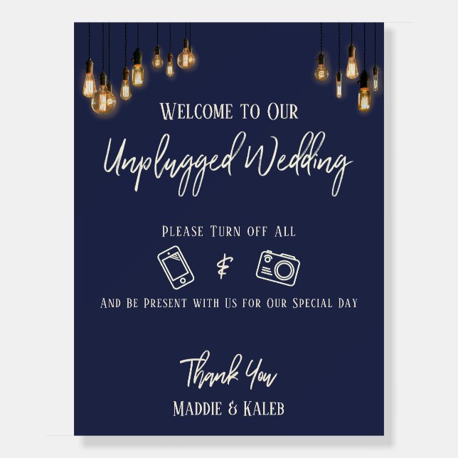 Edison Lights Casual Font Navy Unplugged Wedding Foam Board (Front)