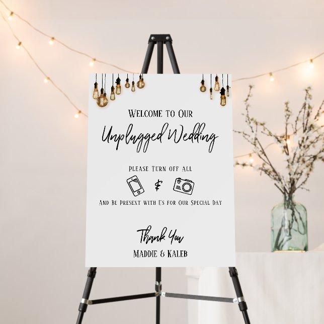 Edison Lights Casual Font White Unplugged Wedding Foam Board (In Situ (Stand))