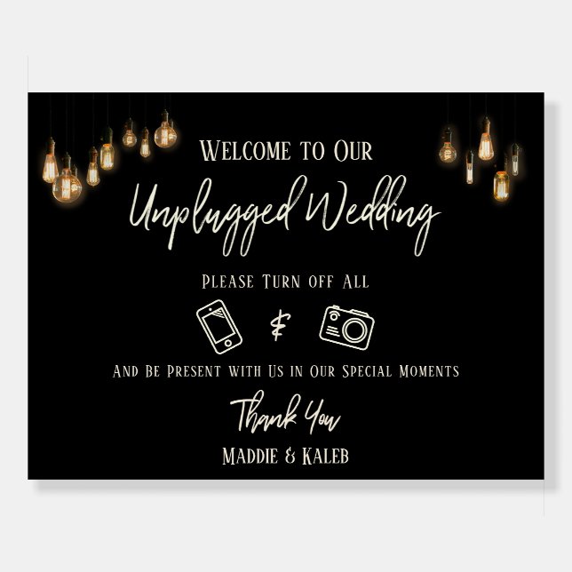 Edison Lights Casual Typography Unplugged Wedding Foam Board (Front)