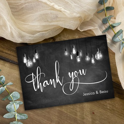 Edison Lights Chalkboard Elegant Script Flat Thank You Card