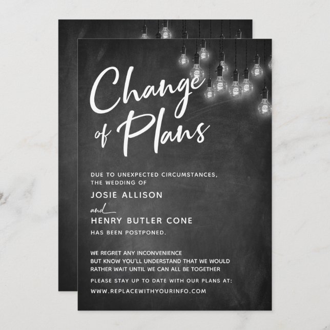 Edison Lights Change of Plans Postponed Wedding Invitation (Front/Back)
