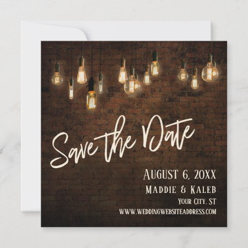 Edison Lights  Industrial Brown Brick Wall Save The Date
