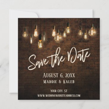 Edison Lights & Industrial Brown Brick Wall Save The Date