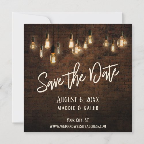Edison Lights  Industrial Brown Brick Wall Save The Date