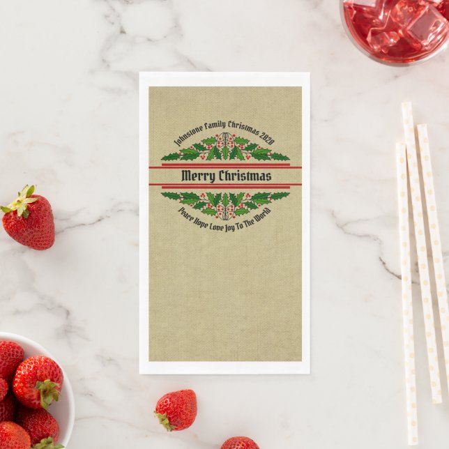 Edit Name Text Matching Christmas Holly Paper Guest Towels (Insitu)