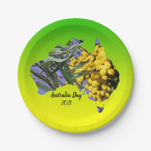 Edit Text Australia Day Gum Leaf Wattle 7" Paper Plates (Front)