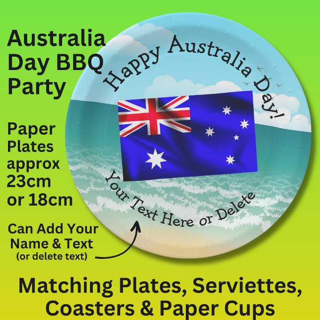 Edit Text Happy Australia Day Flag Ocean Beach 9" Paper Plates (Creator Uploaded)