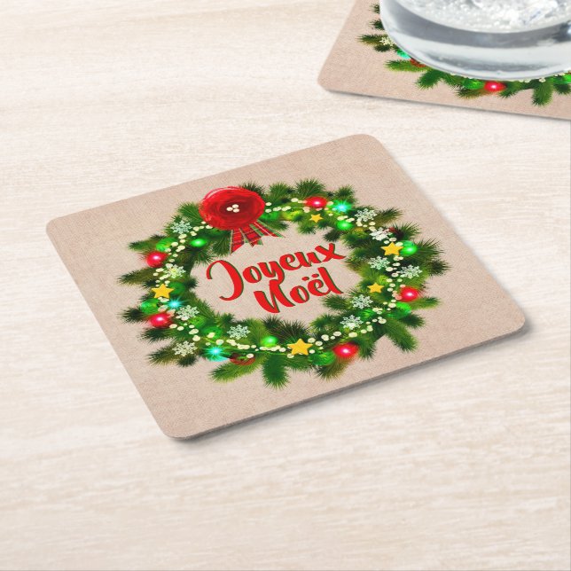 Edit Text Joyeux Noël Square Paper Coaster (Angled)